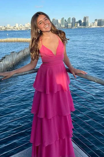 Spaghetti Straps V-Neck Sleeveless Tiered Chiffon Prom Party Dress ﻿