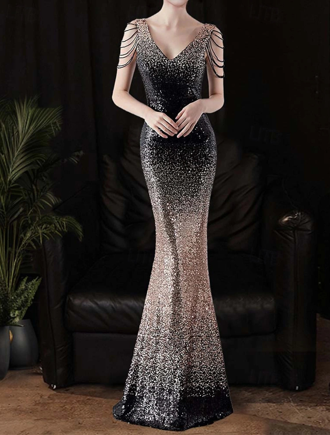 Mermaid  Trumpet Sequin Prom Dresses Ombre Party Dress Formal Cocktail Party Floor Length Sleeveless V Neck with Beading Sequin