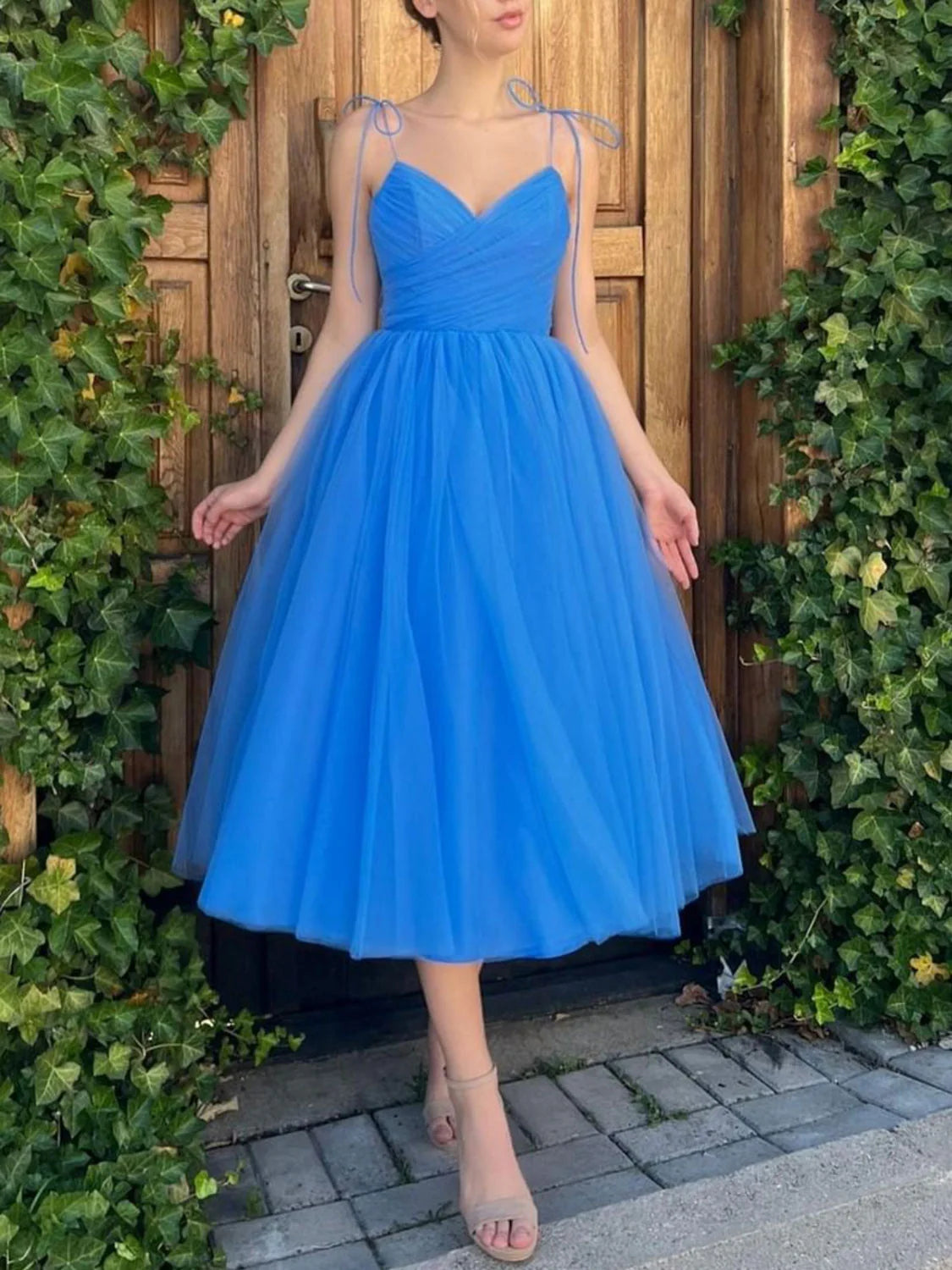 Blue v neck tulle short prom dress blue homecoming dress
