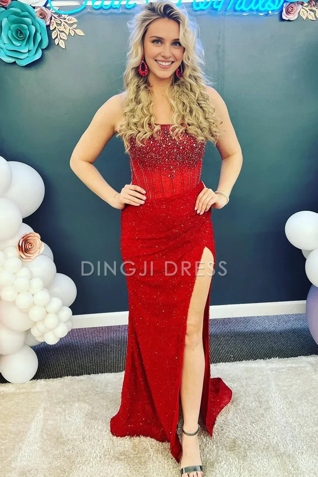 DingJiDress Sparkly Luxurious Mermaid Strapless Long with Beading Slit Charming Prom Dress