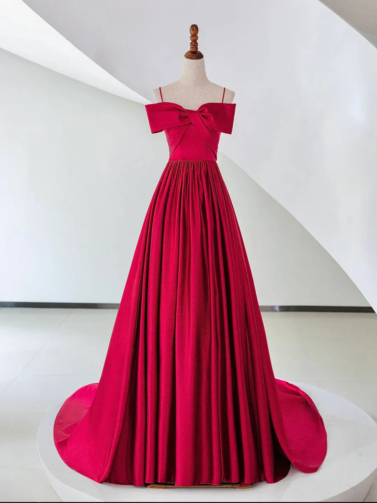 A-Line Off Shoulder Satin Red Long Prom Dress Satin Long Formal Dress