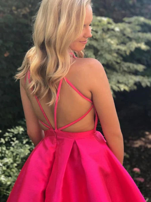 V Neck Open Back Fuchsia Short Prom Homecoming Fuchsia Short Formal Fuchsia Graduation Evening