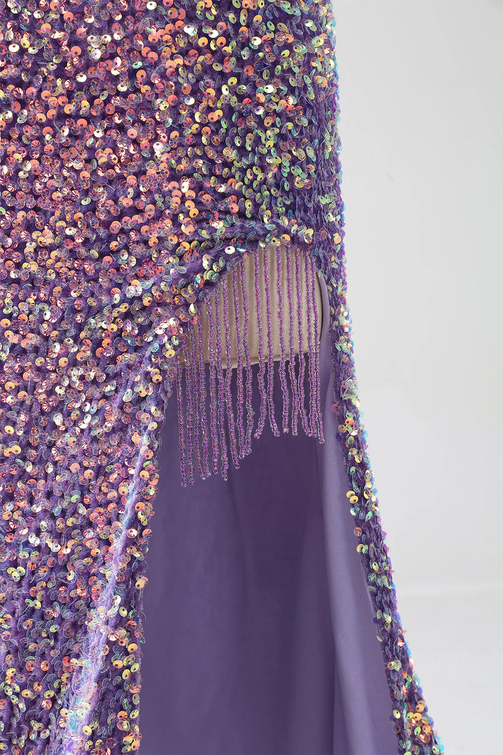 Light purple long sequin slit tassel lace up party dress