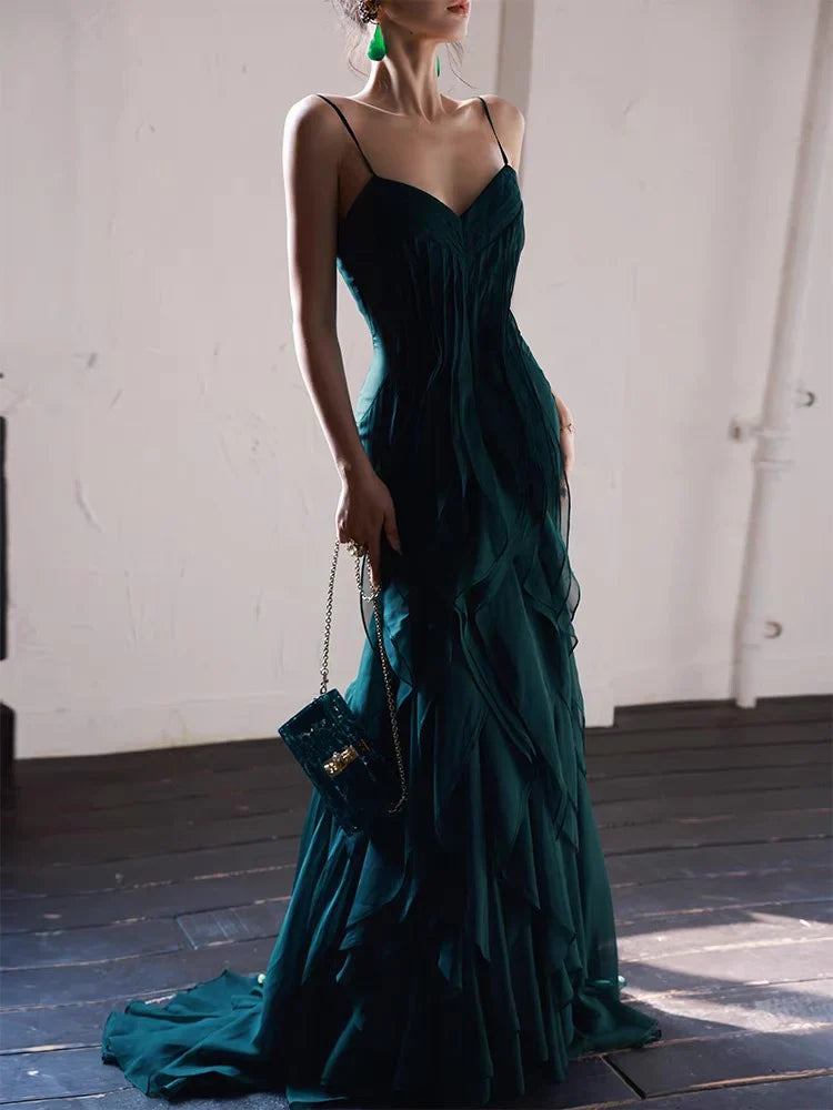 DingJiDress Sweetheart Spaghetti Strap Mermaid Ruffle Chiffon Long Irregular Unique Prom Dress