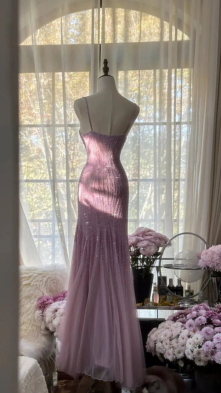Purple Elegant Mermaid Spaghetti Strap Tulle Sequin Prom Dress Evening Gown