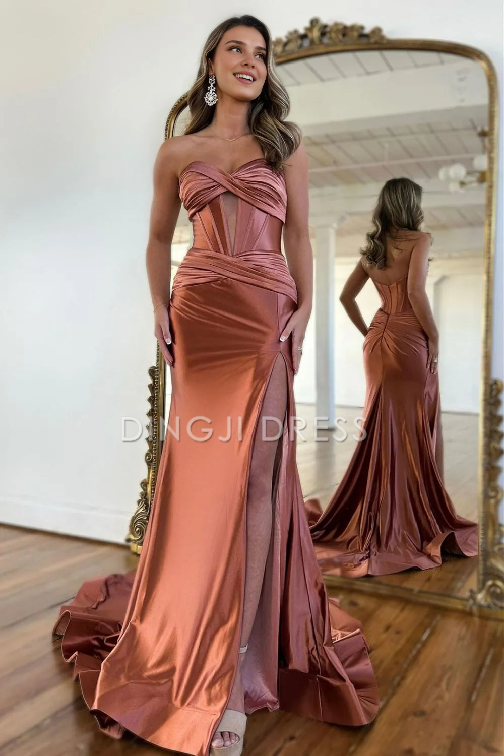 DingJiDress Elegant Satin Mermaid Strapless Long With Split Sweep Train Fashion Prom Dress
