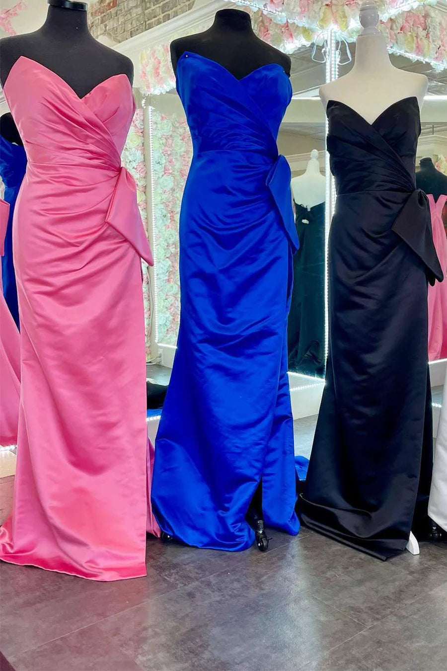 Pink Satin Strapless Mermaid Long Formal Dress with Big Bow