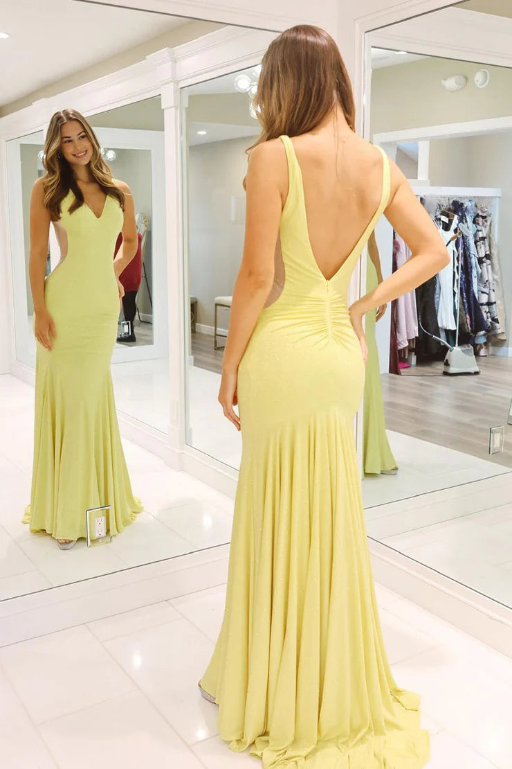 Charming Mermaid V Neck Daffodil Elastic Satin Prom Dress