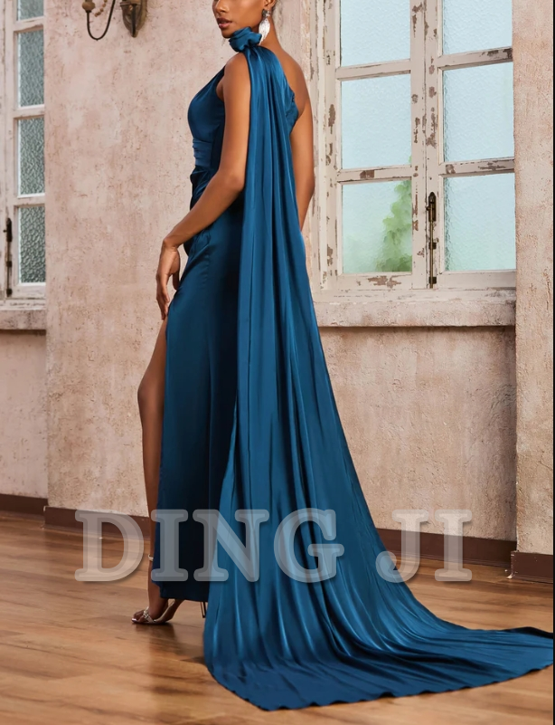 DingJiDress Evening Dress Floral One Shoulder Sleeveless Pleated Sheath Gown Side Fork Sweep Train Wedding Guest Dresses