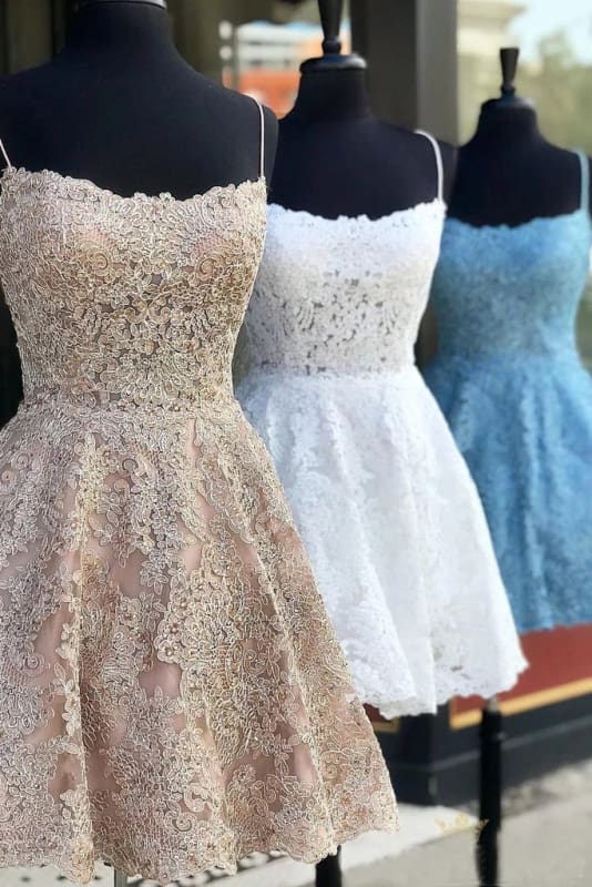 DingJiDress Short Prom Dress A Line Spaghetti Straps Backless Lace Formal Homecoming Dress