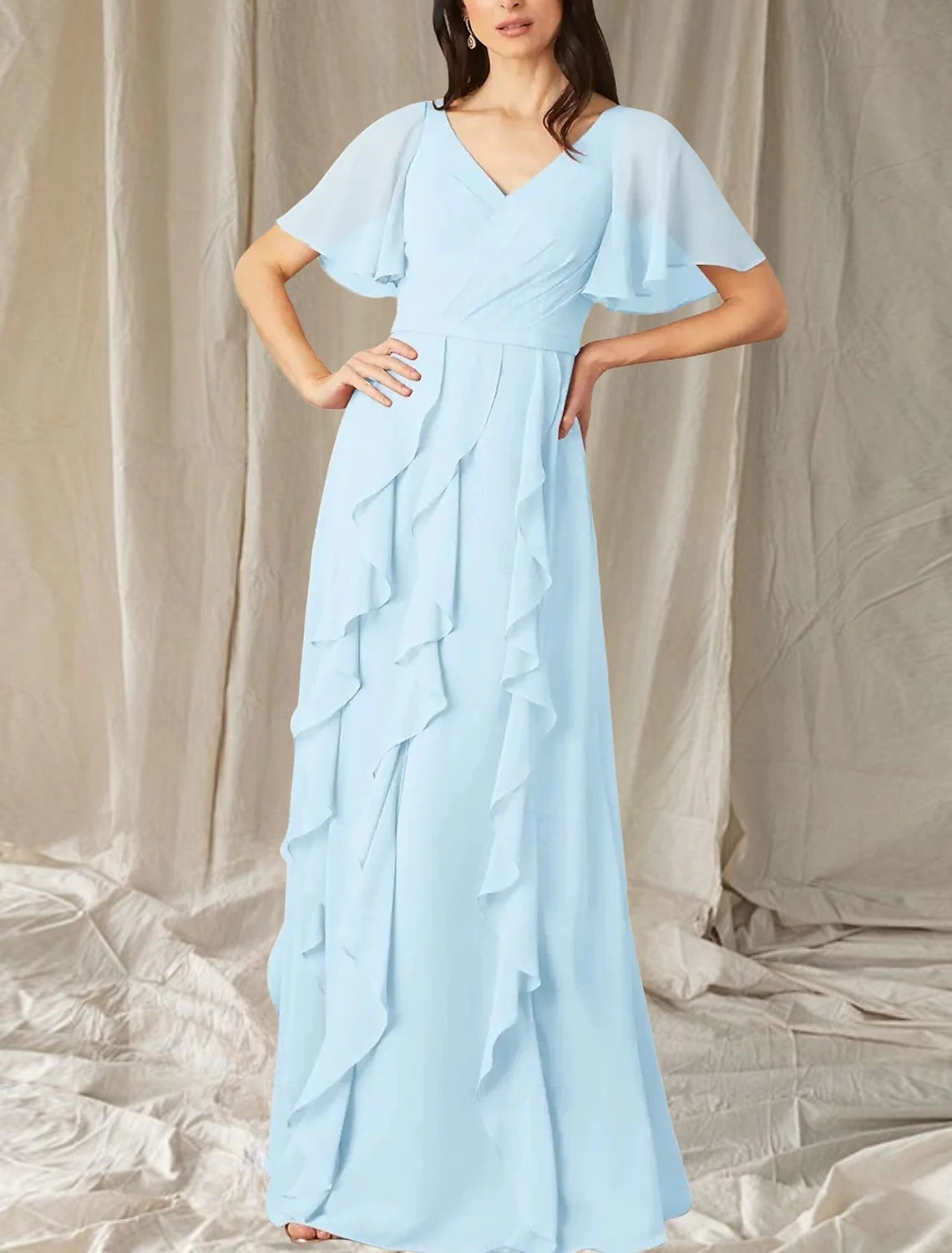 A-Line Mother of the Bride Dress Wedding Guest Elegant Sweet V Neck Floor Length Chiffon Short Sleeve Long Sleeve with Cascading Ruffles Ruching