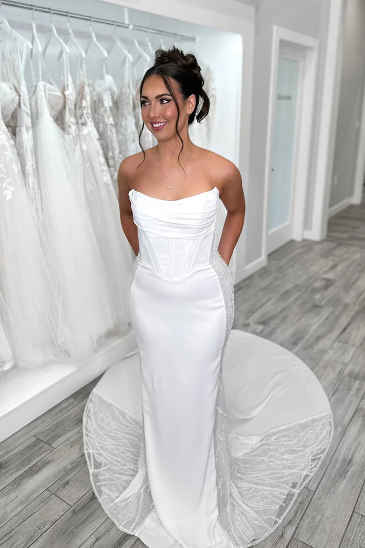 Mermaid Scoop Neck Elastic Satin Wedding Dress with Beading