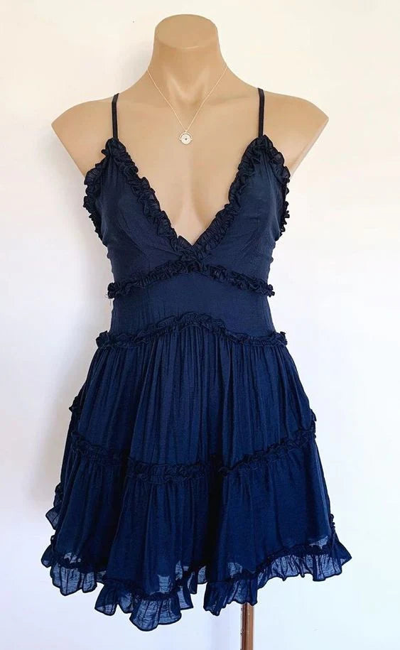 Navy Blue V-neck Chiffon Short Back to School Dress