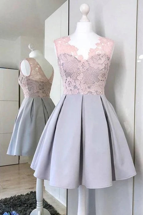 A-Line V-Neck Satin Homecoming with Lace Simple Sleeveless Graduation Dress