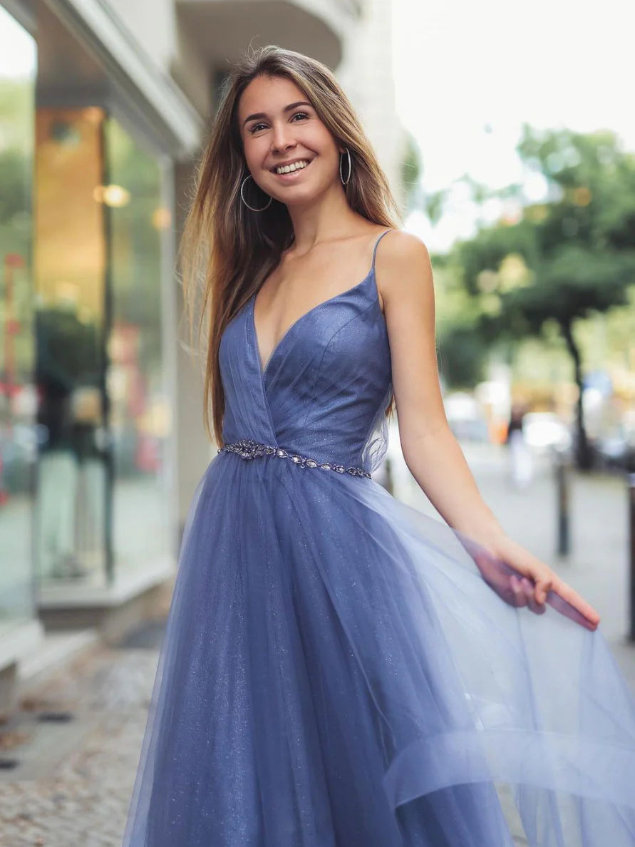 Blue v neck tulle long prom dress blue tulle evening dress