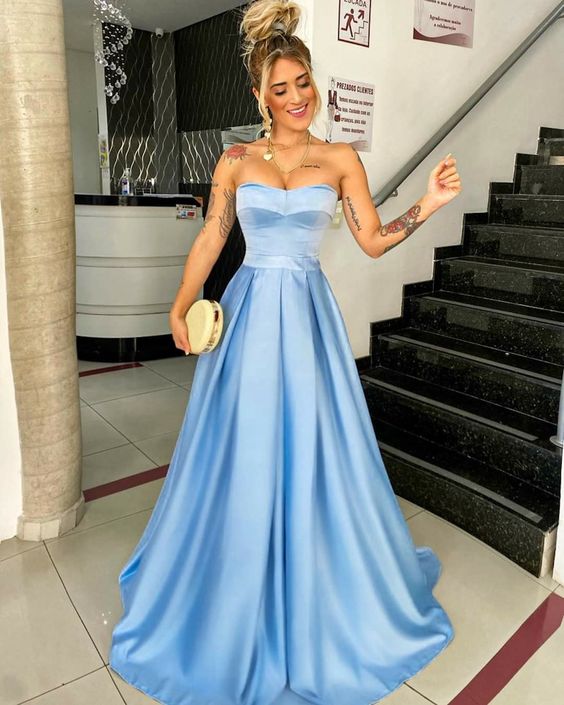 Light Blue Satin A-Line Prom Dresses for Girls Strapless Evening Dresses Long Party Gowns