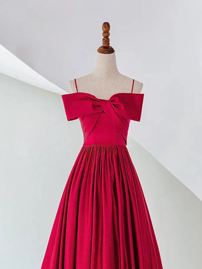 A-Line Off Shoulder Satin Red Long Prom Dress Satin Long Formal Dress