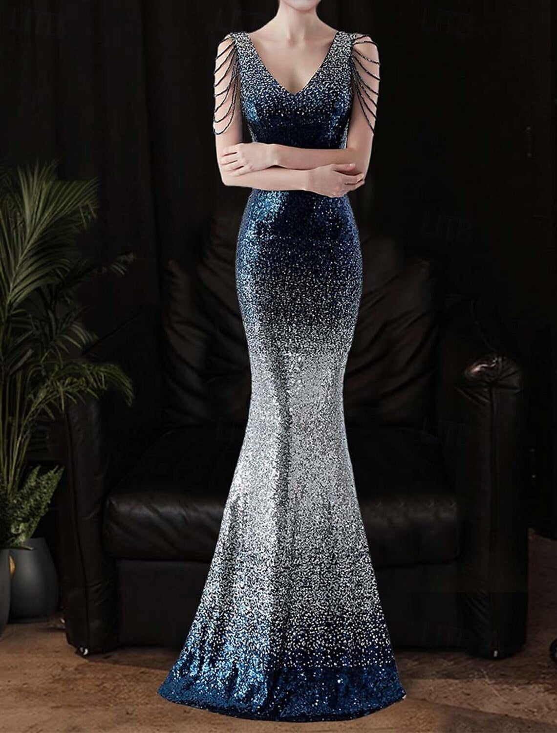 Mermaid  Trumpet Sequin Prom Dresses Ombre Party Dress Formal Cocktail Party Floor Length Sleeveless V Neck with Beading Sequin
