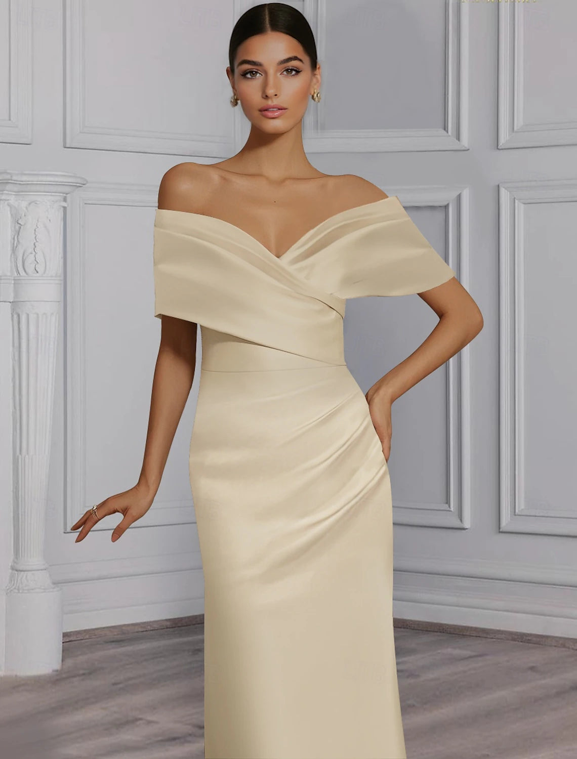 Evening Dress With Detachable Skirt Off Shoulder Elegant Pleats Drapped Formal Wedding Guest Elegant Party Floor Length Off Shoulder Sleeve Satin Solid Colour