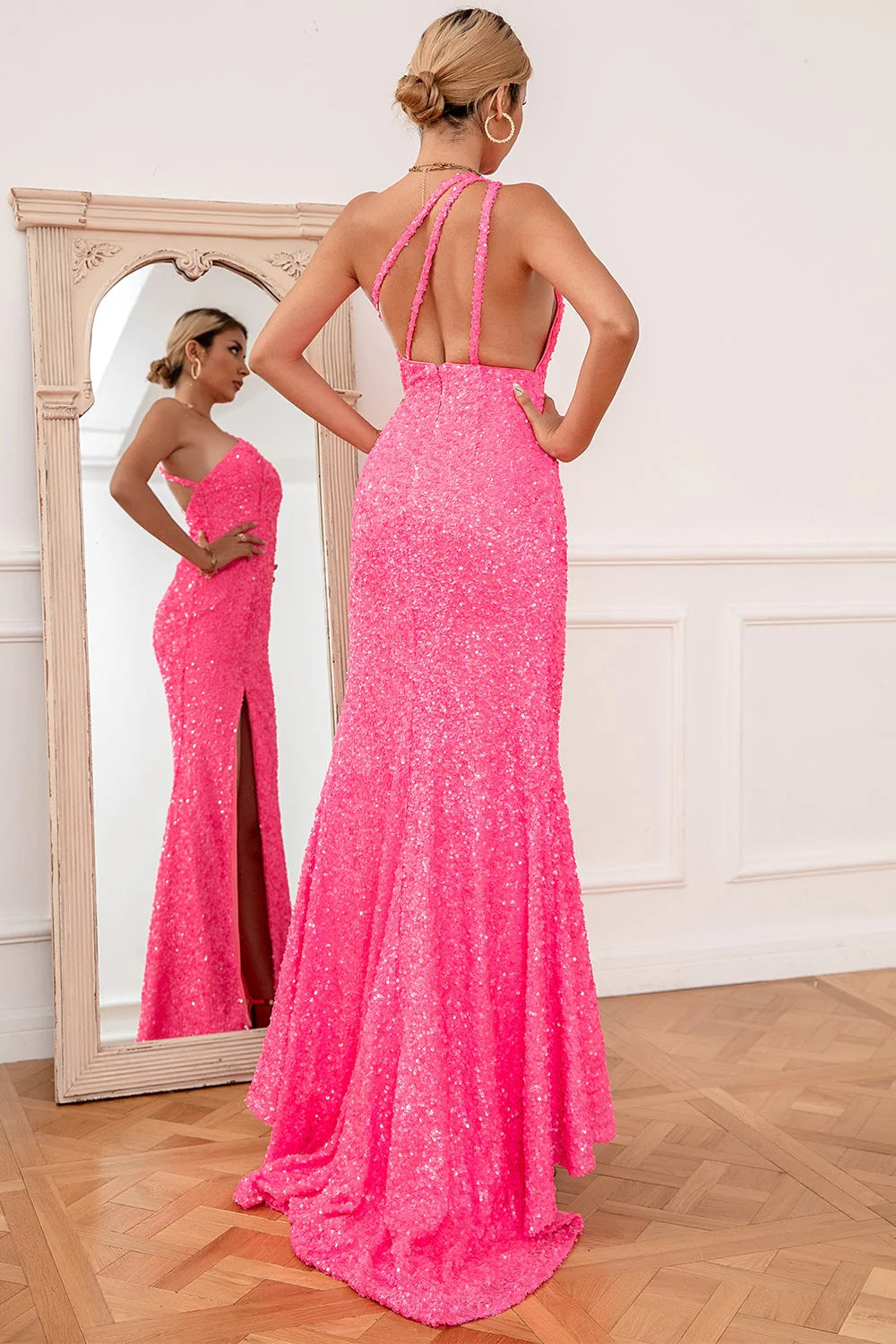 Glamorous Pink  Mermaid One-Shoulder Sleeveless Sequin  Crisscross-Back Side Leg Slit Prom Dress