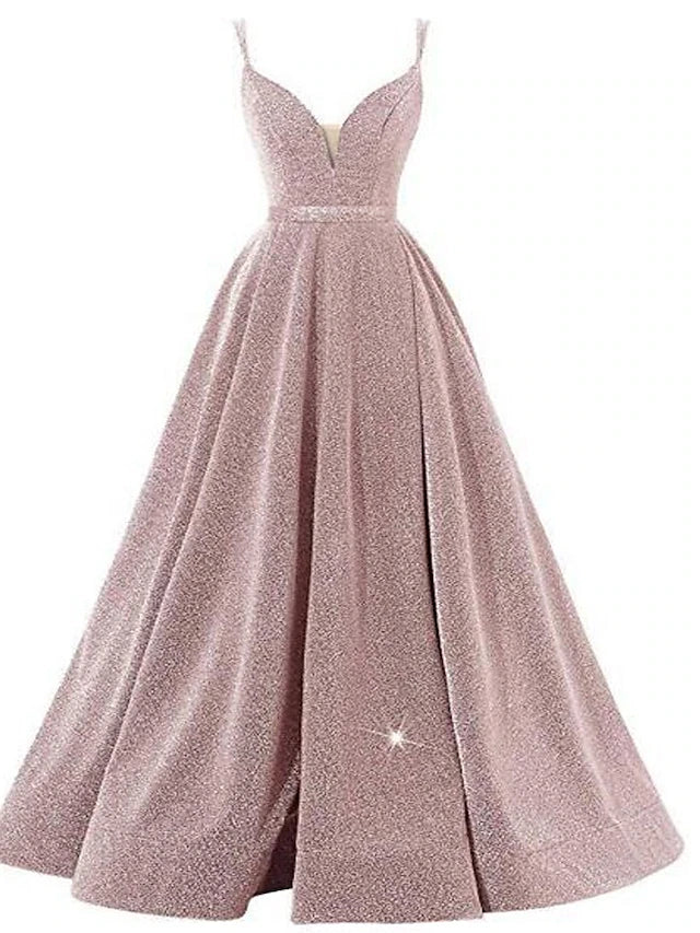 A-Line Prom Dresses Beautiful Back Dress Wedding Guest Formal Evening Floor Length Sleeveless Spaghetti Strap Sequined with Pleats Sequin Masquerade Dress