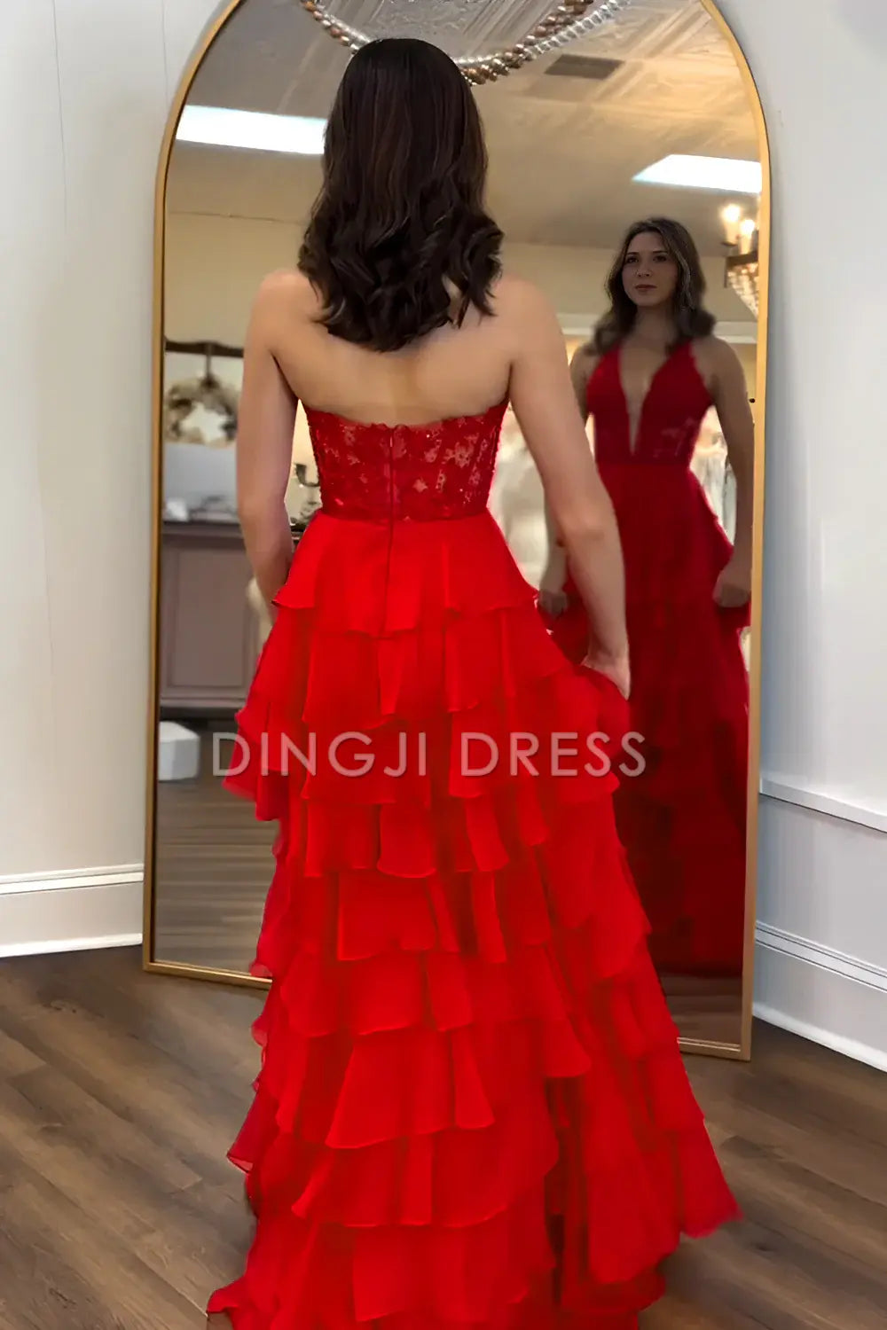 DingJiDress A-Line Halter Neck Lace Top Tiered Chiffon With Slit Long Exquisite Prom Dress