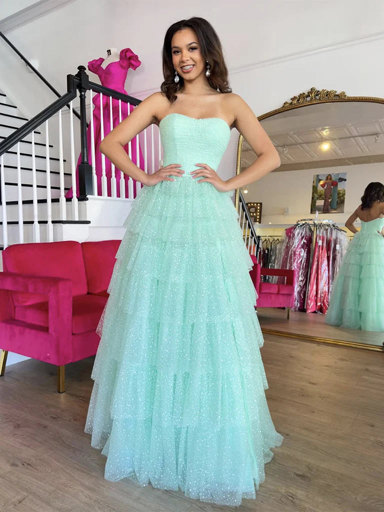 A-Line Sweetheart Neck Tulle Blue Long Prom Dress Blue Long Graduation Dress