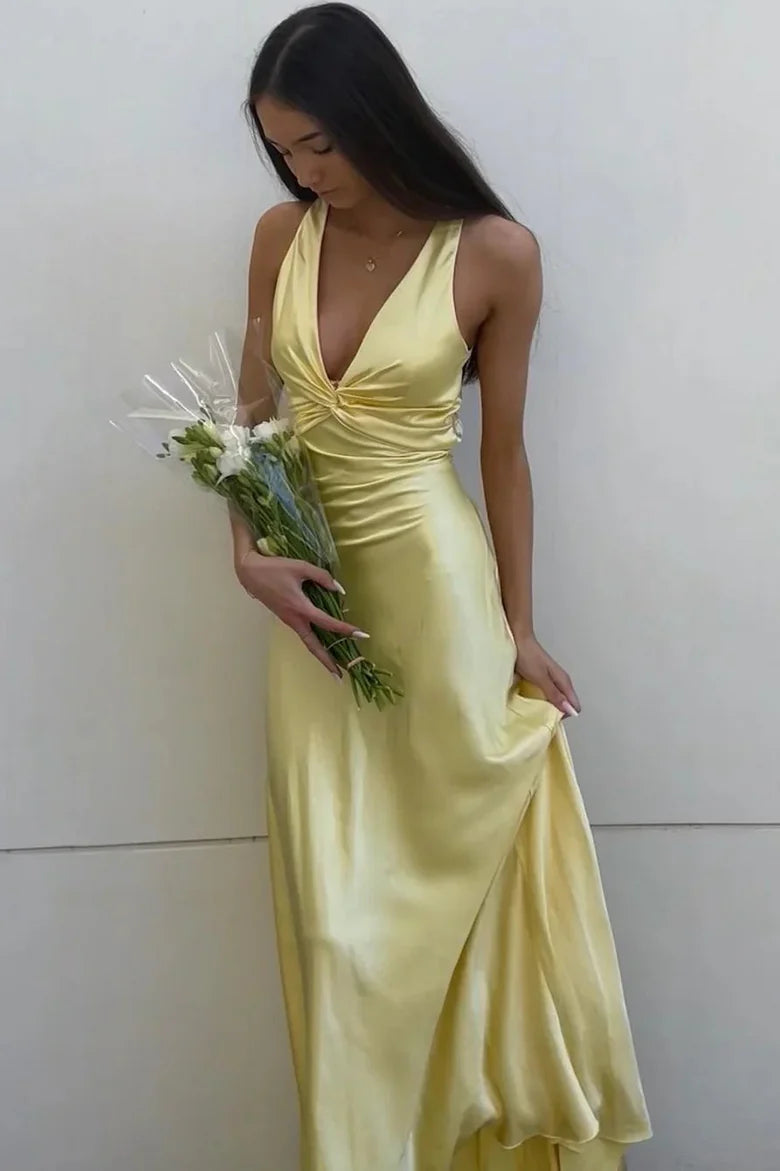 V-Neck Pleated Satin Sleeveless Long Prom Party Dress
