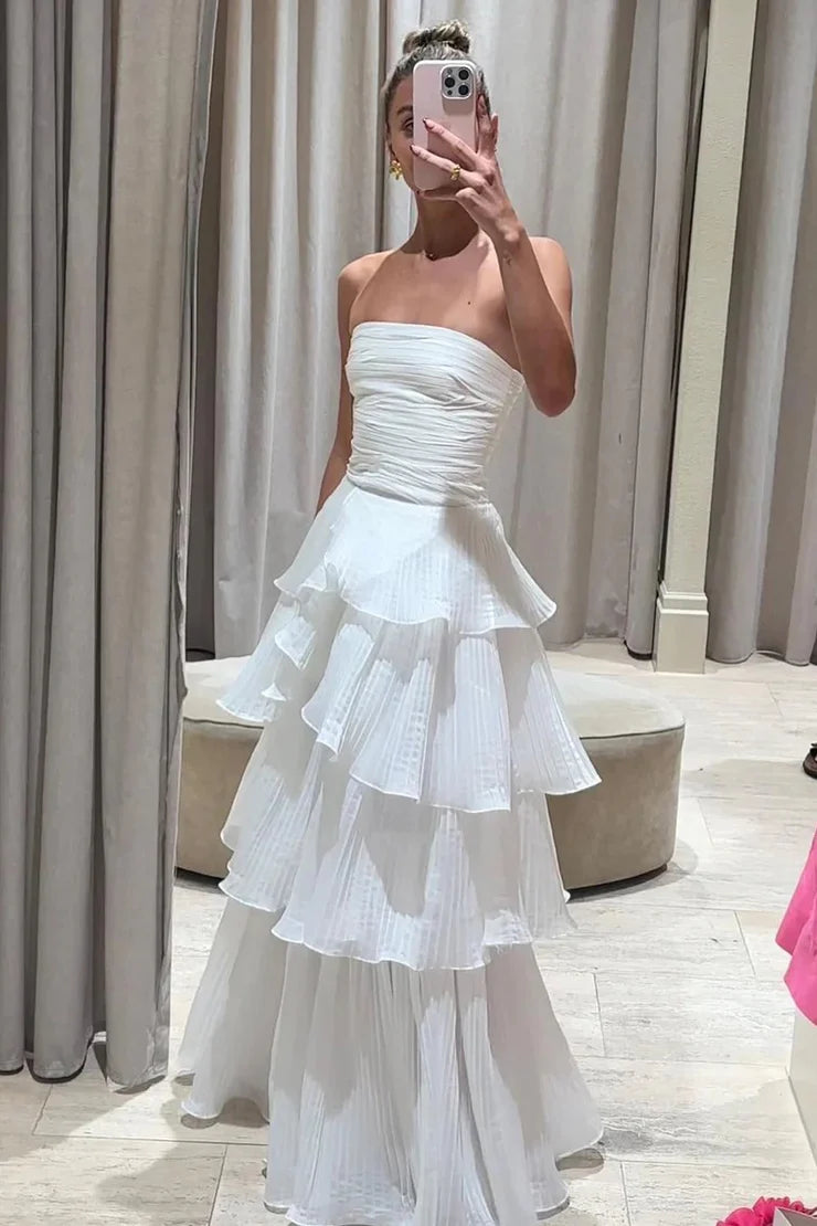 Sheath Strapless Organza Satin Long Prom Dresses Wedding Dresses