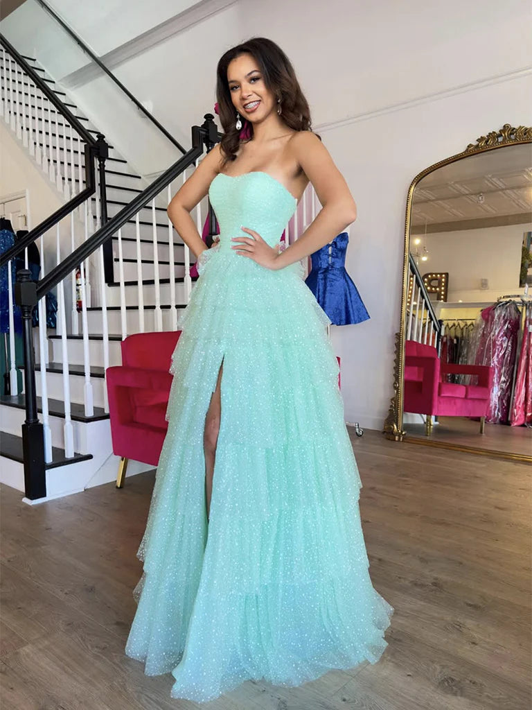 A-Line Sweetheart Neck Tulle Blue Long Prom Dress Blue Long Graduation Dress