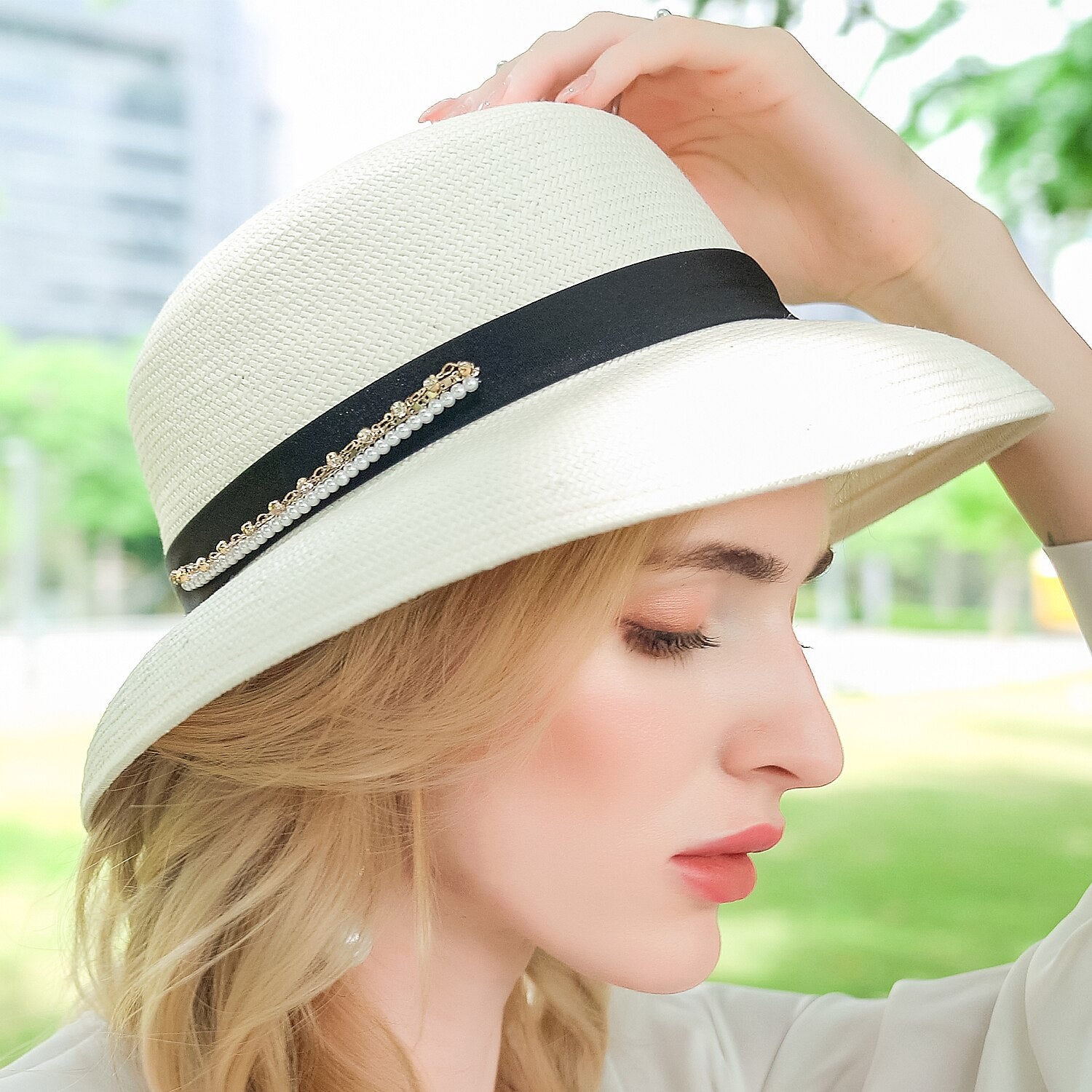 DingJiDress Hats Polyester Hat Straw Hat Sun Hat Wedding Elegant Wedding With Ribbons Pearls Headpiece Headwear