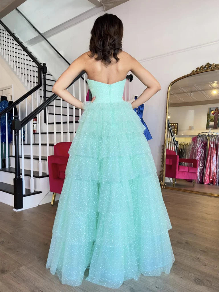 A-Line Sweetheart Neck Tulle Blue Long Prom Dress Blue Long Graduation Dress