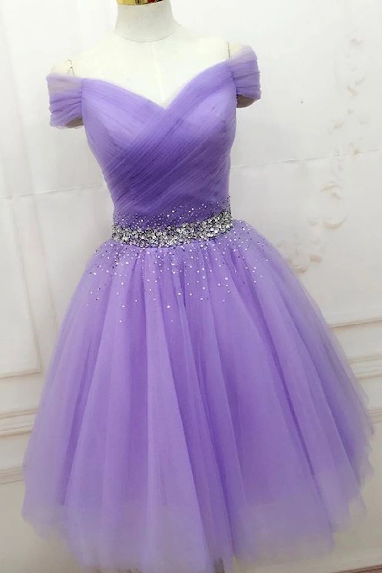 Purple tulle off shoulder short prom dress purple homecoming dress