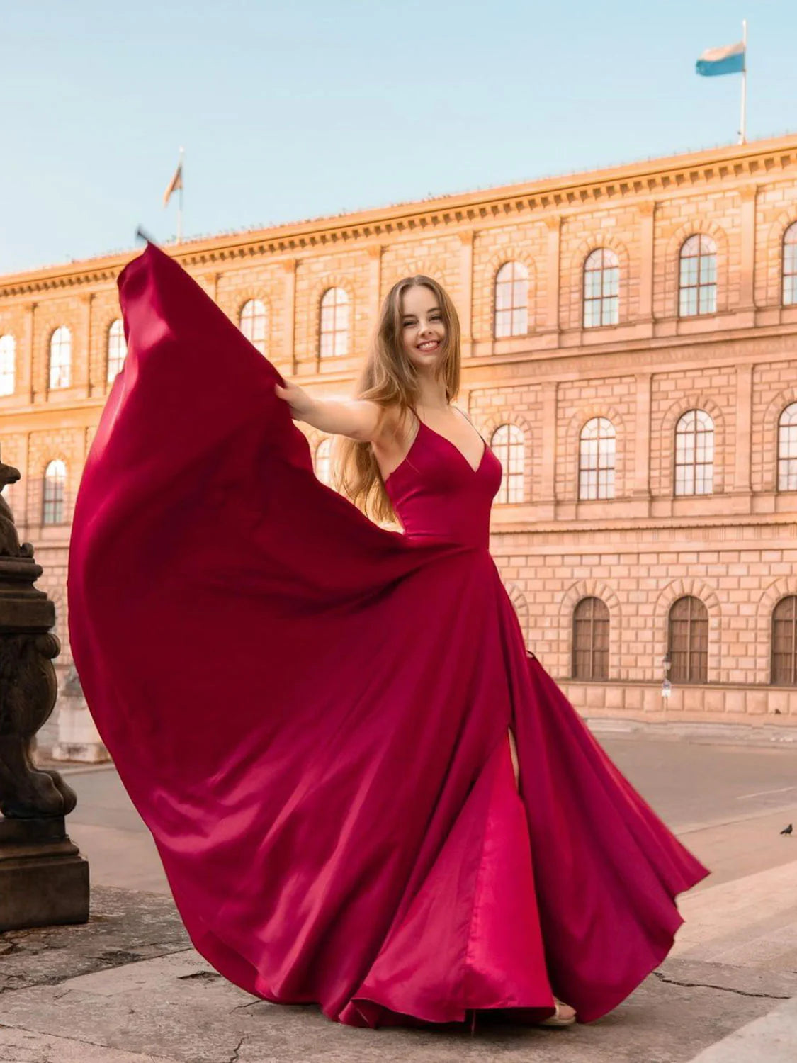 Simple v neck satin dark red long prom dress red satin bridesmaid dress