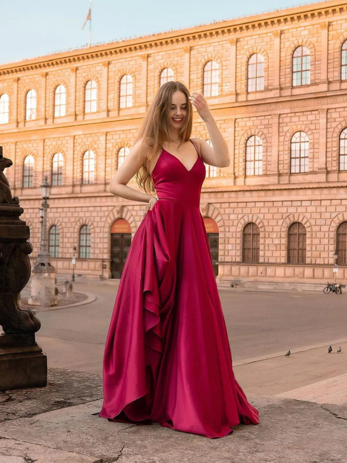 Simple v neck satin dark red long prom dress red satin bridesmaid dress