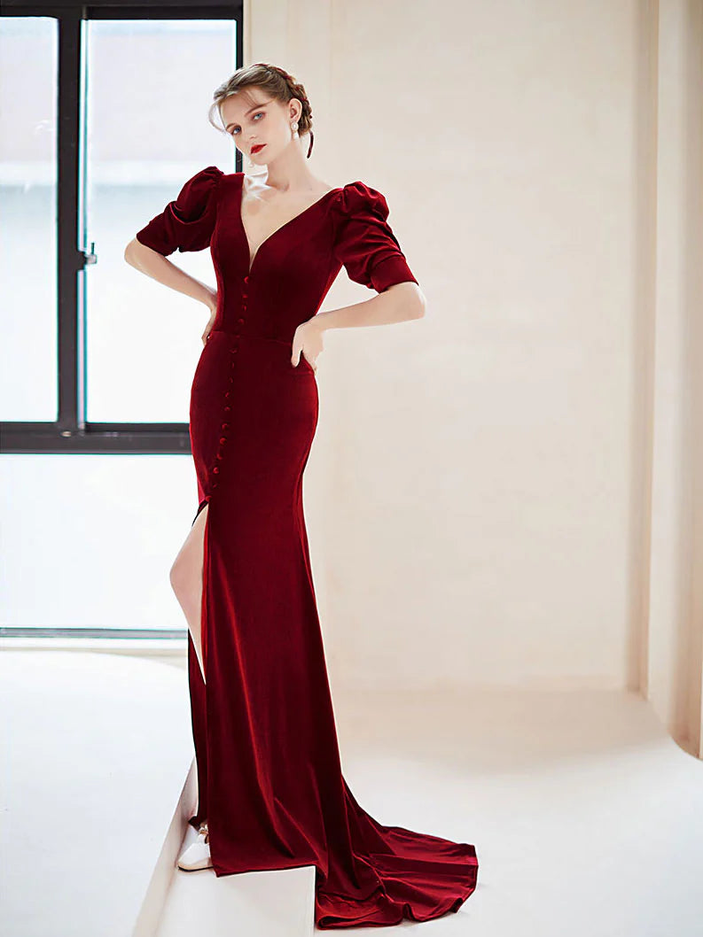 Burgundy V neck Velvet Long Prom Dress  Burgundy Formal Evening Dress