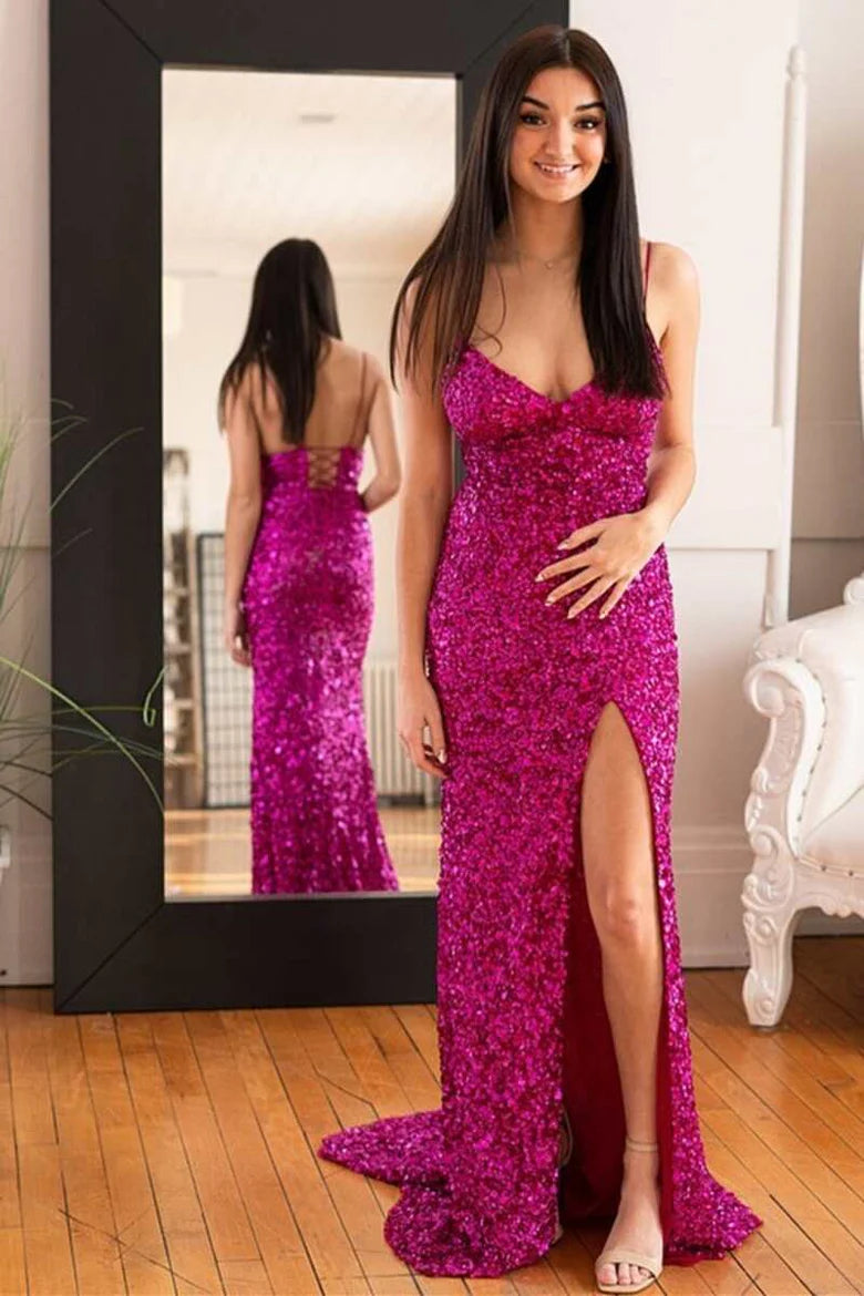 Mermaid Purple Sequins Long Formal Dress with Slit