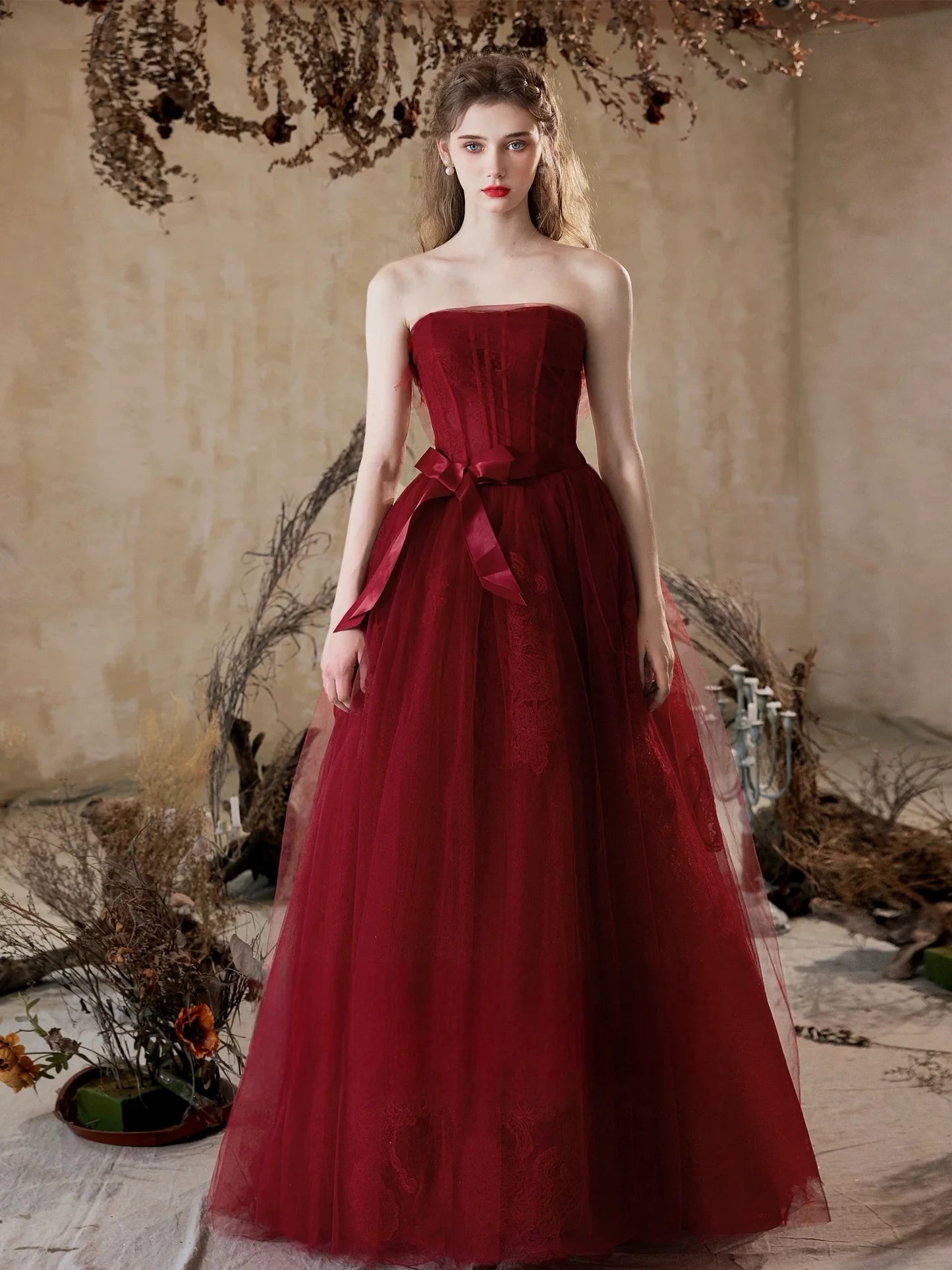 A-Line Tulle Lace Burgundy Long Prom Dress Burgundy Long Formal Dress