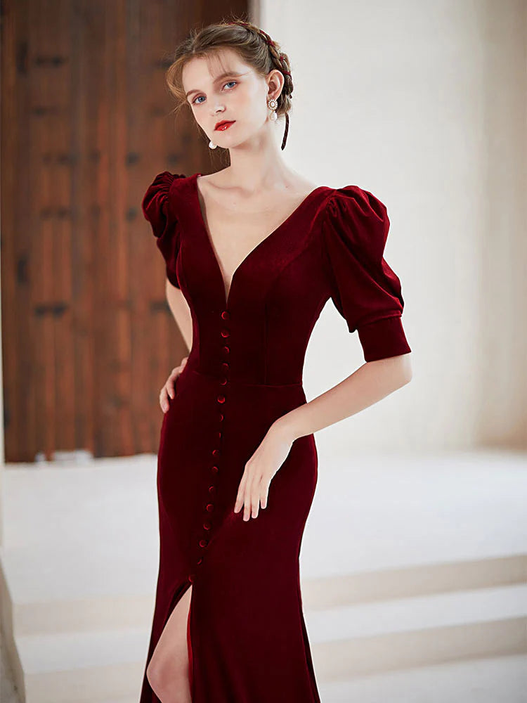 Burgundy V neck Velvet Long Prom Dress  Burgundy Formal Evening Dress