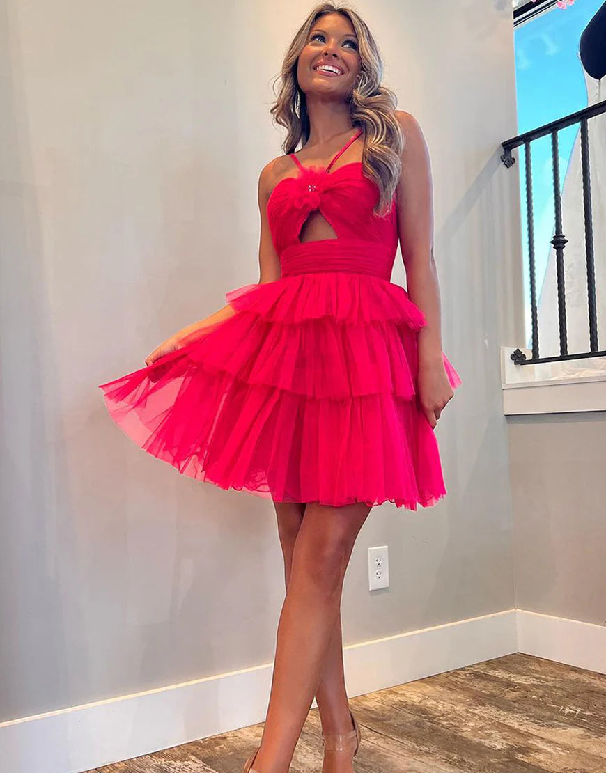 A-line Fuchsia Tulle Halter Homecoming Dress