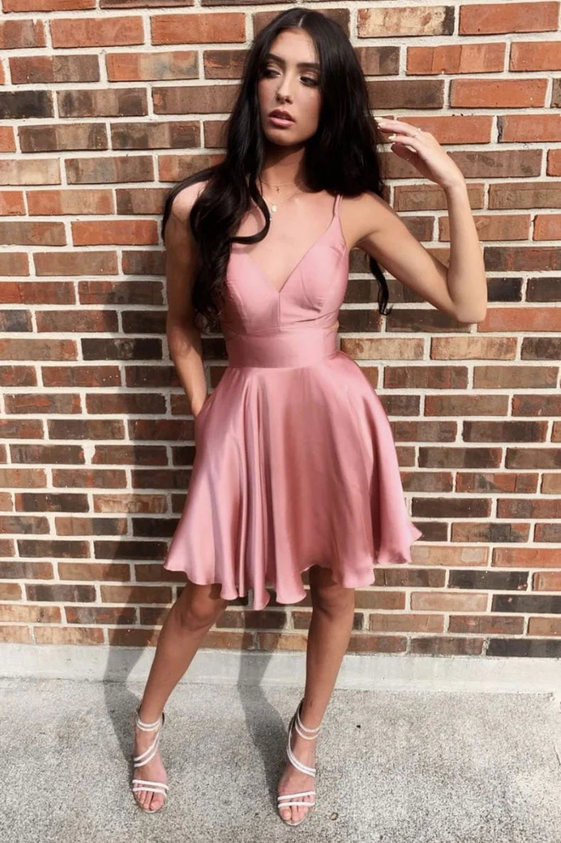 Simple pink v neck short prom dress cocktail dress