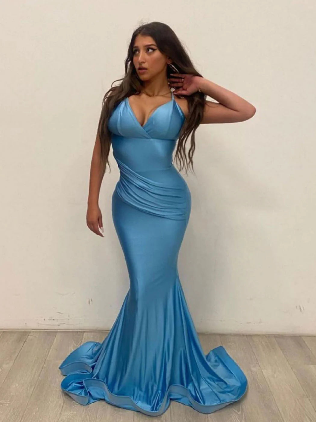 Simple blue satin mermaid long prom dress blue evening dress