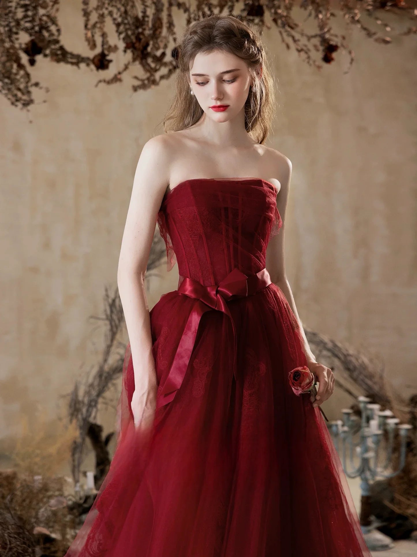 A-Line Tulle Lace Burgundy Long Prom Dress Burgundy Long Formal Dress
