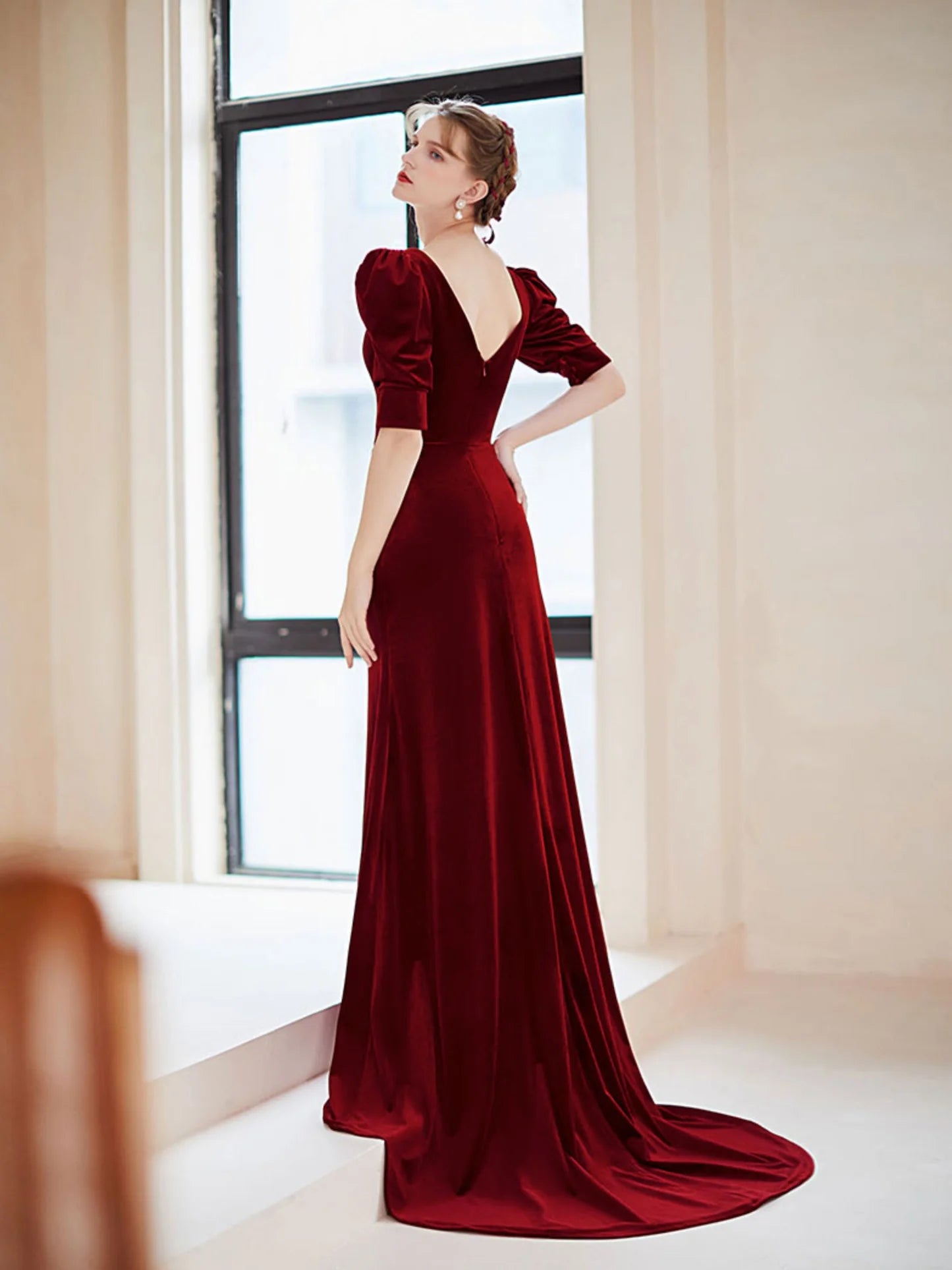 Burgundy V neck Velvet Long Prom Dress  Burgundy Formal Evening Dress