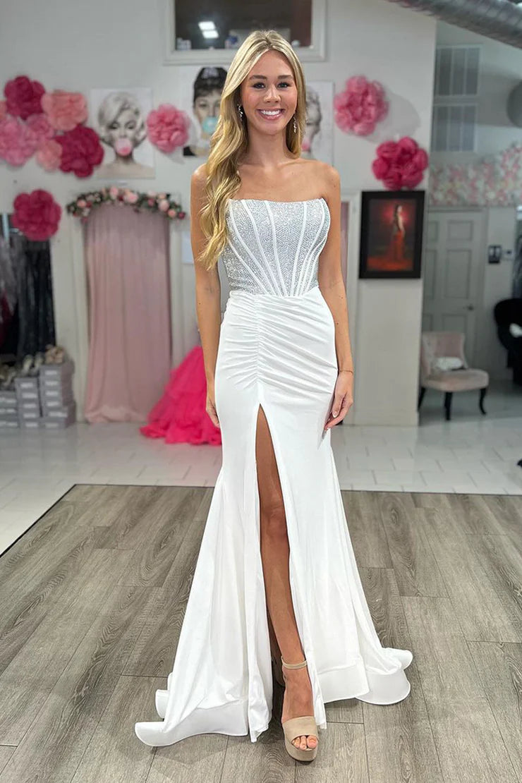 Charming Mermaid Sweetheart White Satin Long Ball Dress with Beads