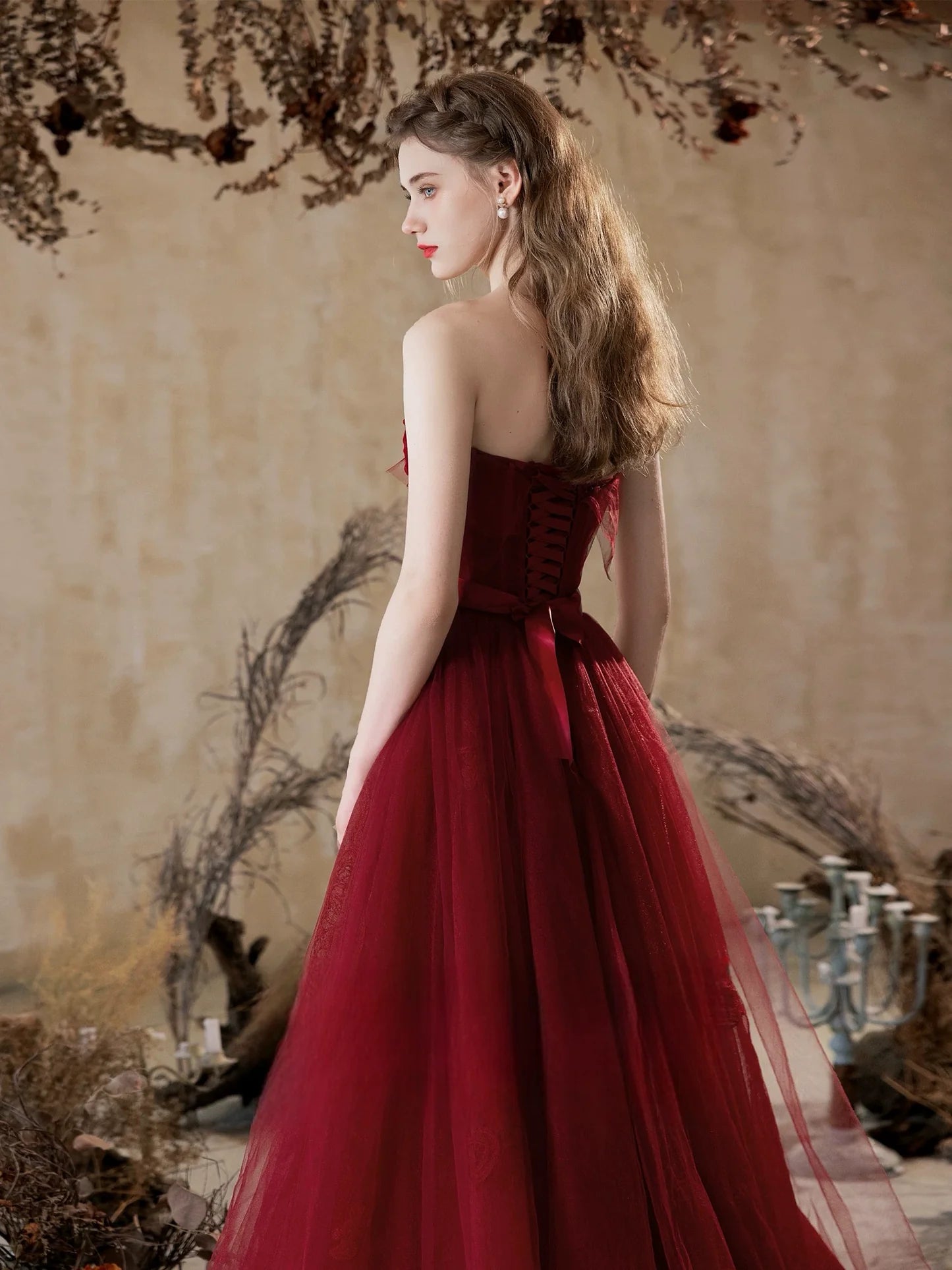 A-Line Tulle Lace Burgundy Long Prom Dress Burgundy Long Formal Dress