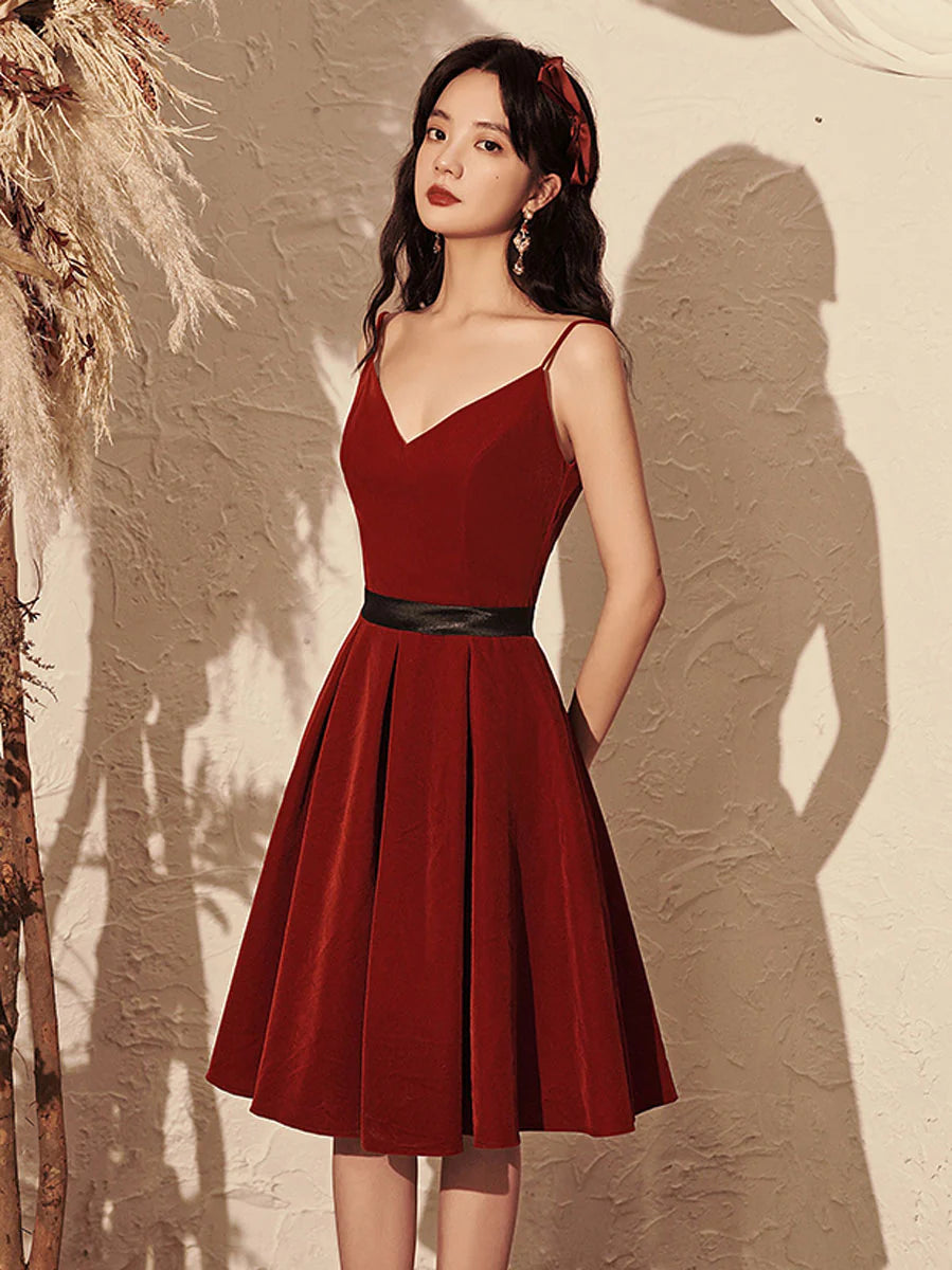 Burgundy velvet v neck short prom dress  burgundy homecoming dress