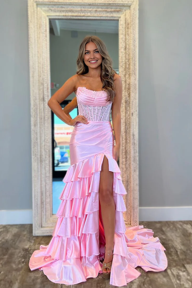 DingJiDress Strapless Scoop Layered Pleated Mermaid Side Fork Elegant Prom Dress