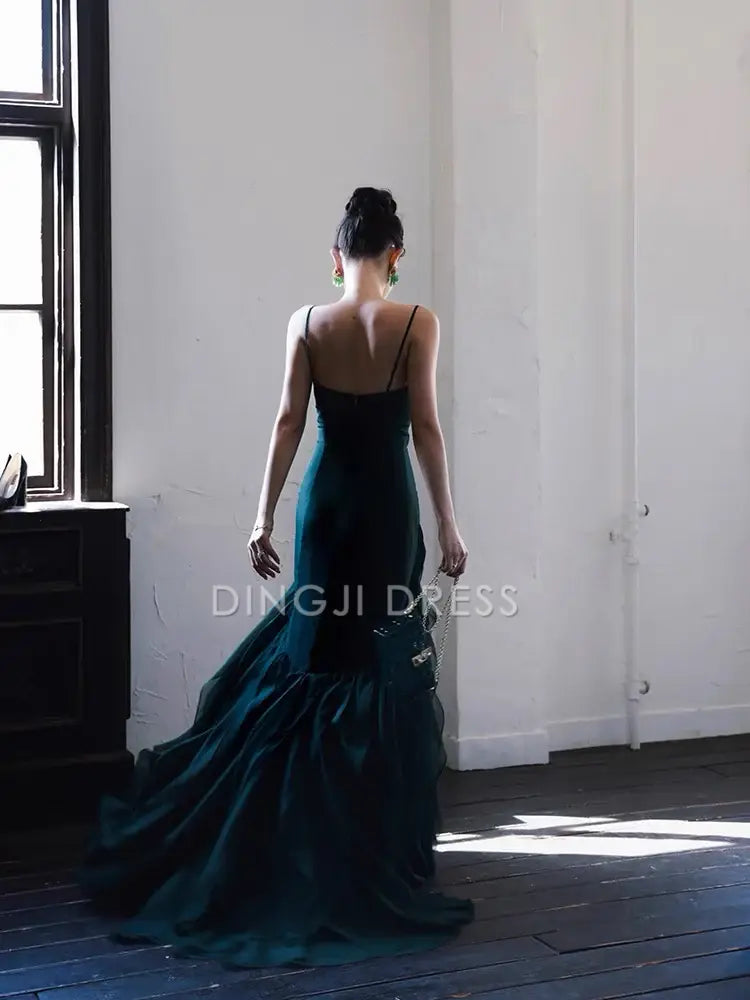 DingJiDress Sweetheart Spaghetti Strap Mermaid Ruffle Chiffon Long Irregular Unique Prom Dress