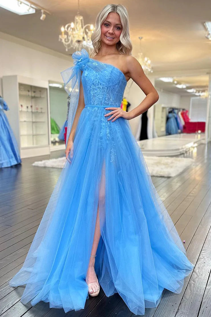 Cute A Line One Shoulder Blue Tulle Prom Dress with Appliques